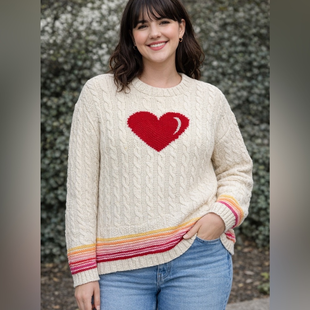Karen Scott Heart Sweater Cable Knit Cream Cotton Rainbow Stripe Vinatge